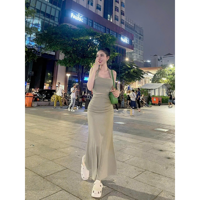 Set áo yếm croptop chân váy dài gân tăm - Bộ áo yếm kèm váy