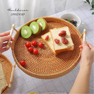 Khay mây tròn có tay cầm HANHDECOR, khay đựng hoa quả chụp ảnh decor đẹp mắt