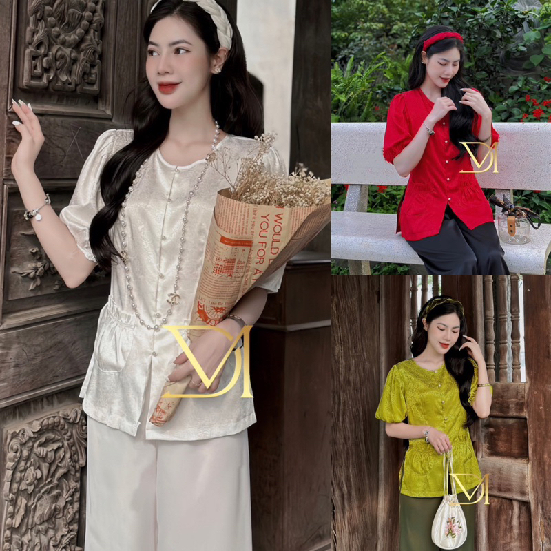 Set Bộ Lam Tay Lỡ Bí Nút Ngọc Chất Gấm + Quần Ống Xuông