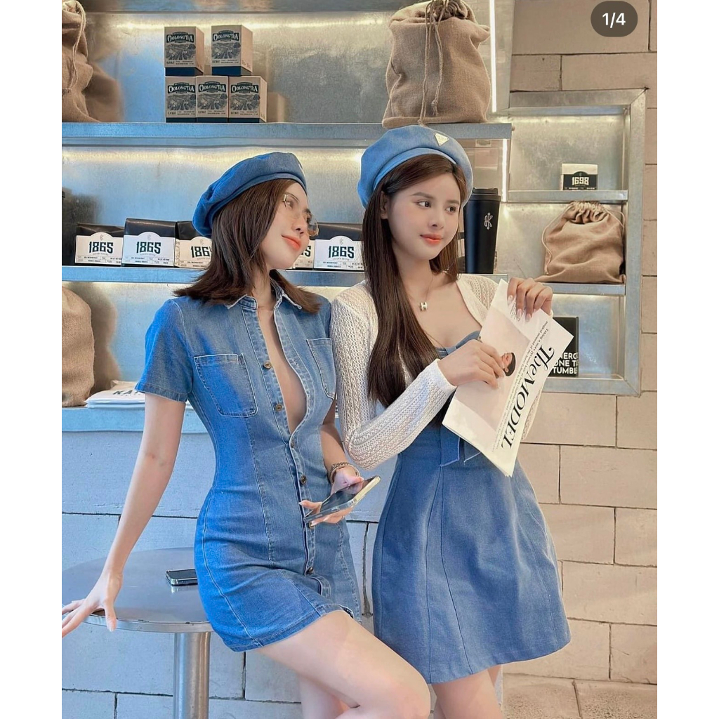 ĐẦM ỐNG JEAN 2 MÀU NƠ NGỰC + ÁO KHOÁC TRẮNG REN MỎNG TAY DÀI