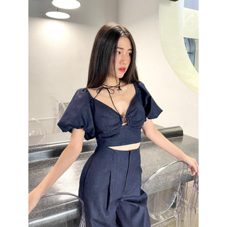 Áo Croptop Tay Phồng Phối Khoen Ngực Khóa Kim Loại Sau Lưng Vải Denim 2023 - HOO DESIGN