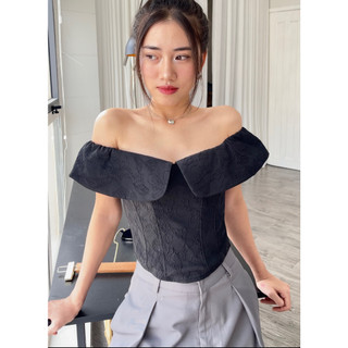 Áo Corset Dáng Croptop Phối Tay Trễ Vai Đen - HOO DESIGN