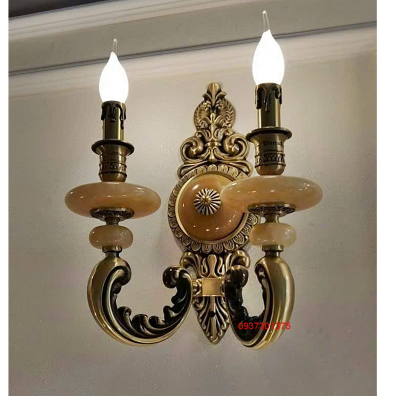 Đèn tường đồng đôi nến, bát đá tự nhiên T9251-2 Tặng kèm Bóng đèn led