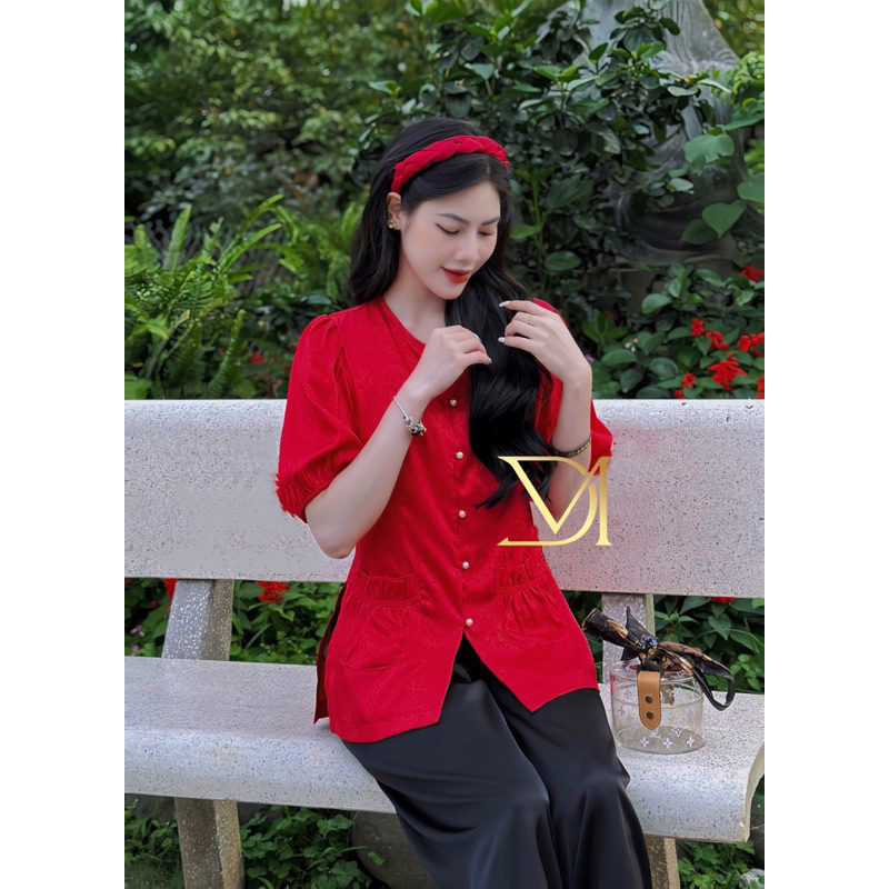 Set Bộ Lam Tay Lỡ Bí Nút Ngọc Chất Gấm + Quần Ống Xuông