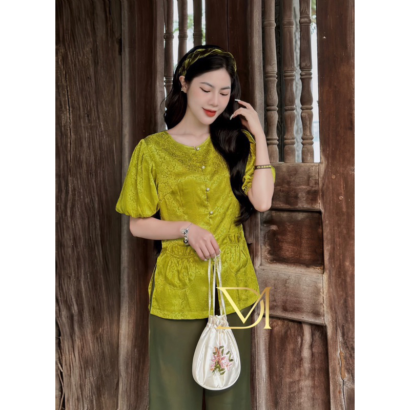 Set Bộ Lam Tay Lỡ Bí Nút Ngọc Chất Gấm + Quần Ống Xuông