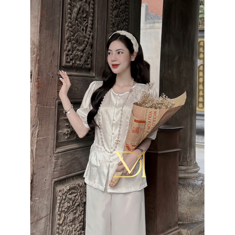 Set Bộ Lam Tay Lỡ Bí Nút Ngọc Chất Gấm + Quần Ống Xuông