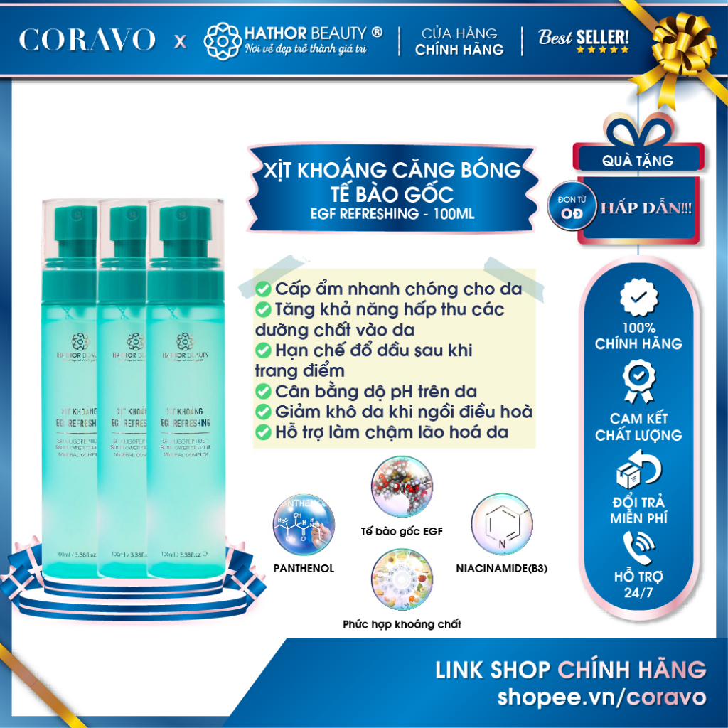Xịt khoáng tế bào gốc EGF Cấp Ẩm Căng Bóng Cân Bằng pH cho da EGF Refreshing Hathor Beauty 100ml - Coravo