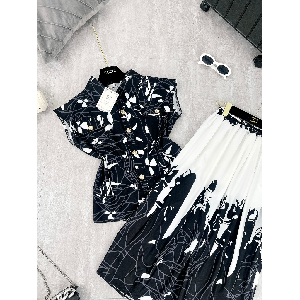 SET HOA LÁ SẮC MÀU KÈM CHÂN VÁY DÀI 2 MÀU