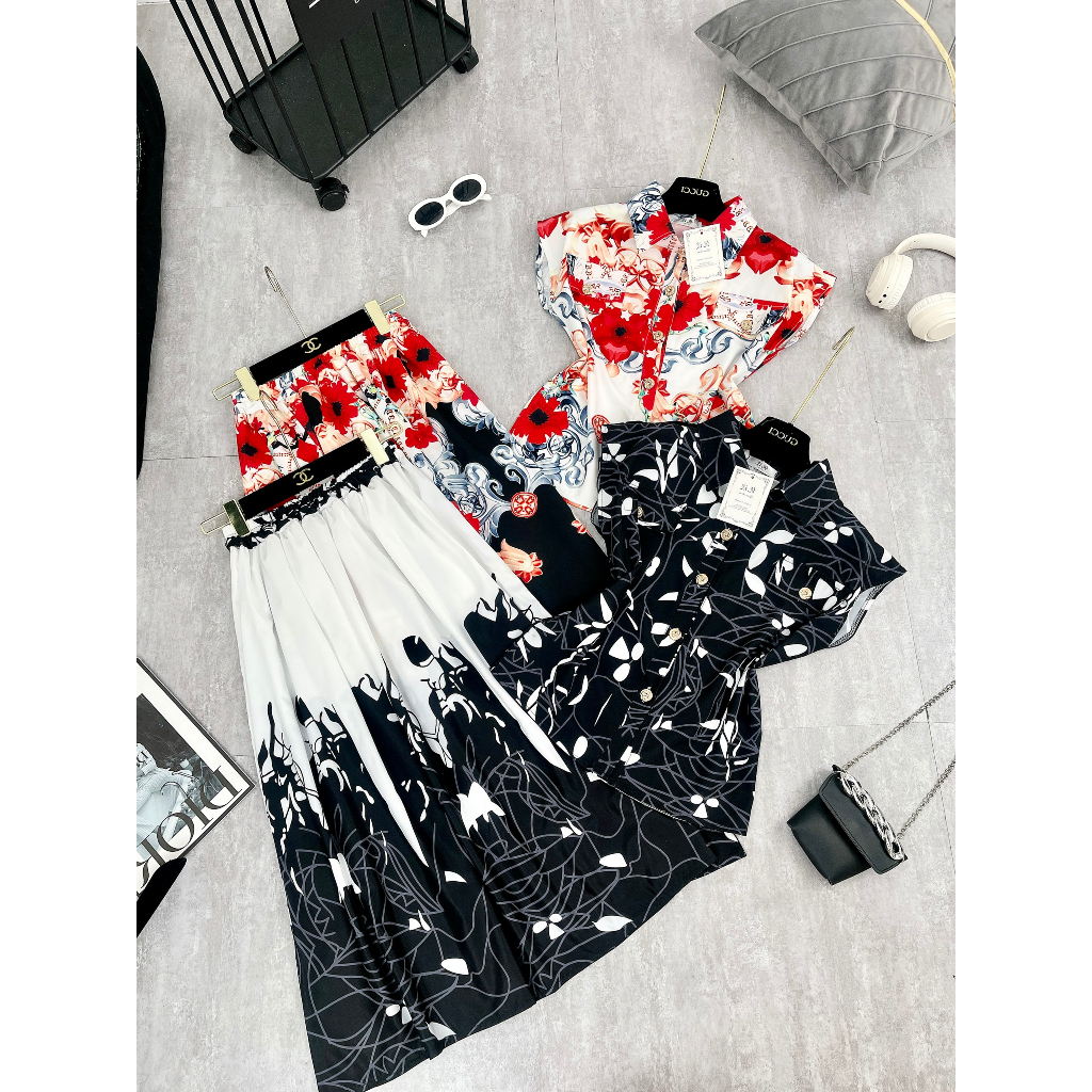 SET HOA LÁ SẮC MÀU KÈM CHÂN VÁY DÀI 2 MÀU