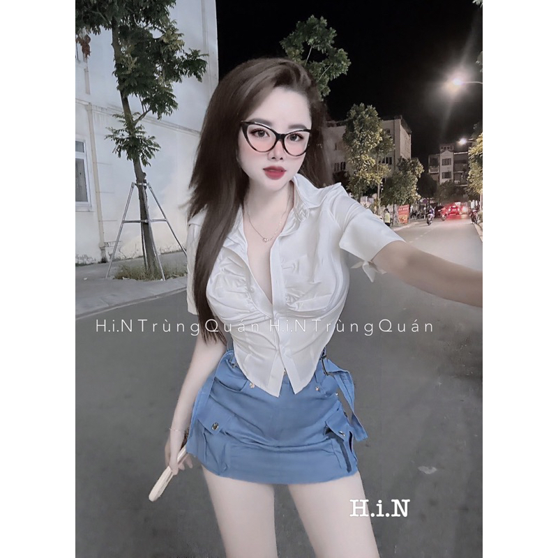 Bộ đầm nữ áo cộc tay vạt nhọn phối chân váy túi hộp