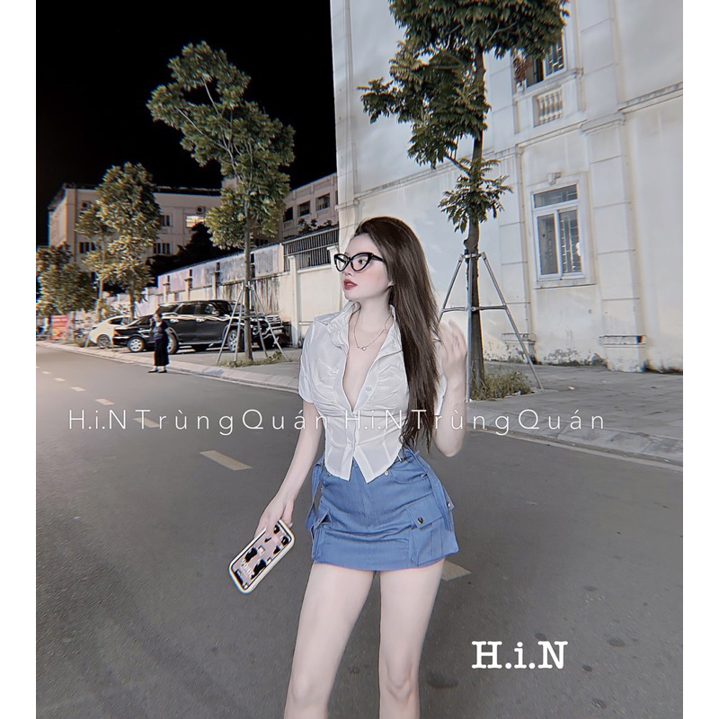 Bộ đầm nữ áo cộc tay vạt nhọn phối chân váy túi hộp