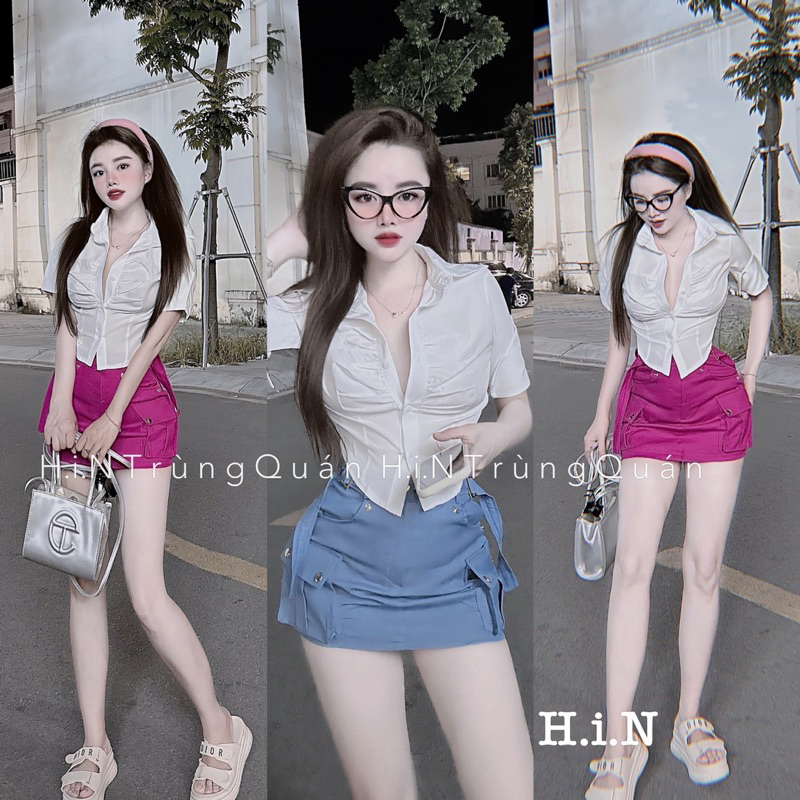 Bộ đầm nữ áo cộc tay vạt nhọn phối chân váy túi hộp