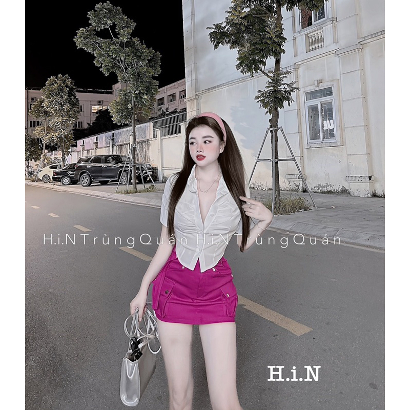 Bộ đầm nữ áo cộc tay vạt nhọn phối chân váy túi hộp