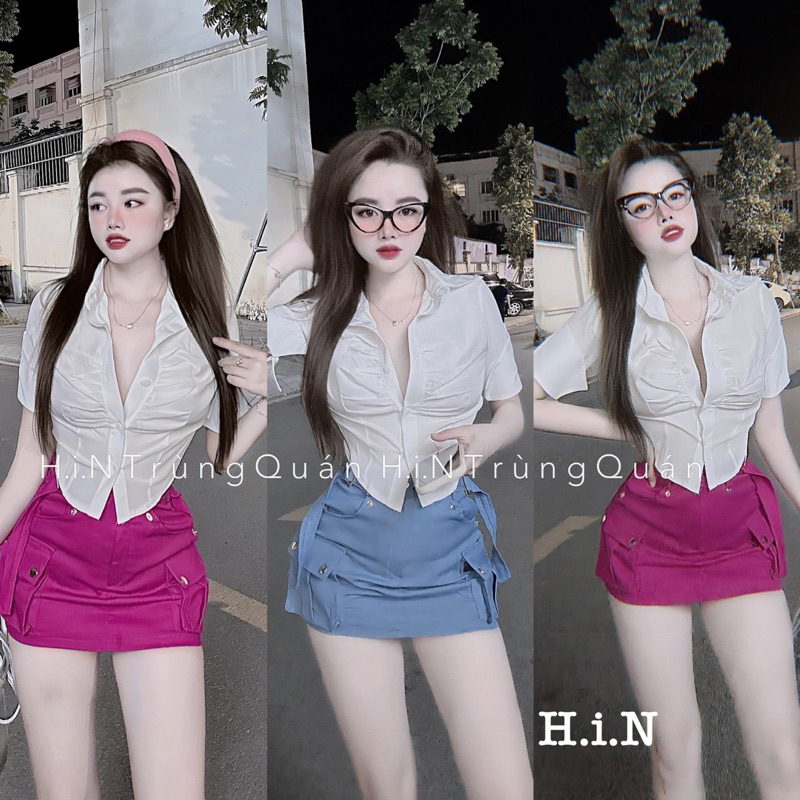 Bộ đầm nữ áo cộc tay vạt nhọn phối chân váy túi hộp