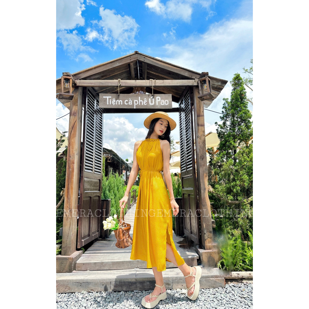 Váy Camila Dress cổ yếm gam màu vàng đồng, váy xẻ tà, thắt eo tôn dáng với chất vải lụa mềm mát