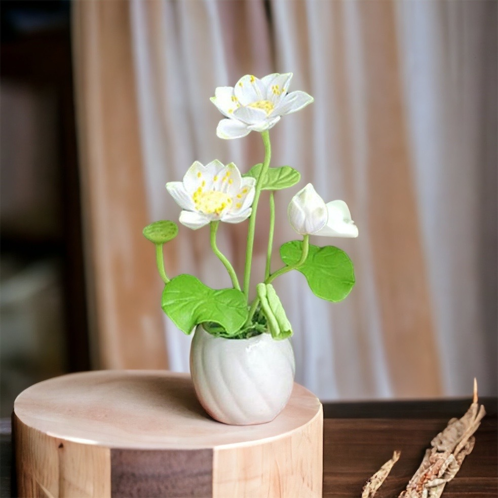 Chậu hoa sen trắng phong thuỷ thờ cúng mini trang trí bàn làm việc văn phòng
