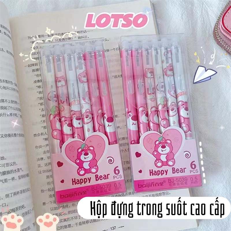 Set 6 Bút Bi Bấm 0.5 Lotso Kuromi PhôMai Hot Trend 2023 Hộp Viết Mực Gel Đen Đỏ Xanh peach home 1k Giá Rẻ