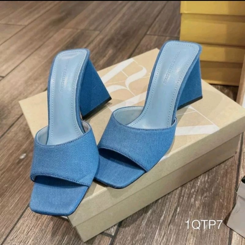 Dép guốc gót tam giác bảng vải jean denim hot trend có bigsize