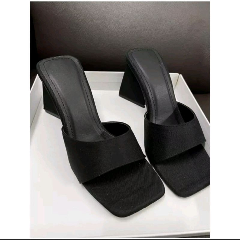 Dép guốc gót tam giác bảng vải jean denim hot trend có bigsize