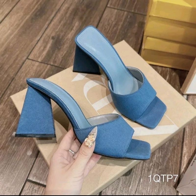 Dép guốc gót tam giác bảng vải jean denim hot trend có bigsize