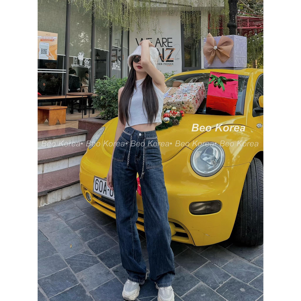 Quần jean suông túi vuông dây xích