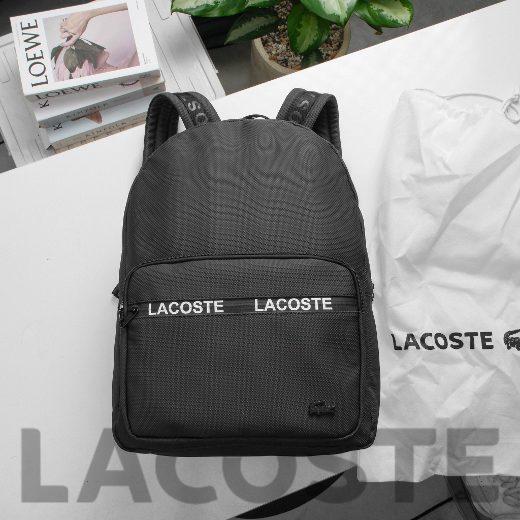 Balo Lacoste đen thể thao nam nữ chất da si 100% chống nước ngăn đựng laptop 15 inch quai đeo in túi vải trắng full tag