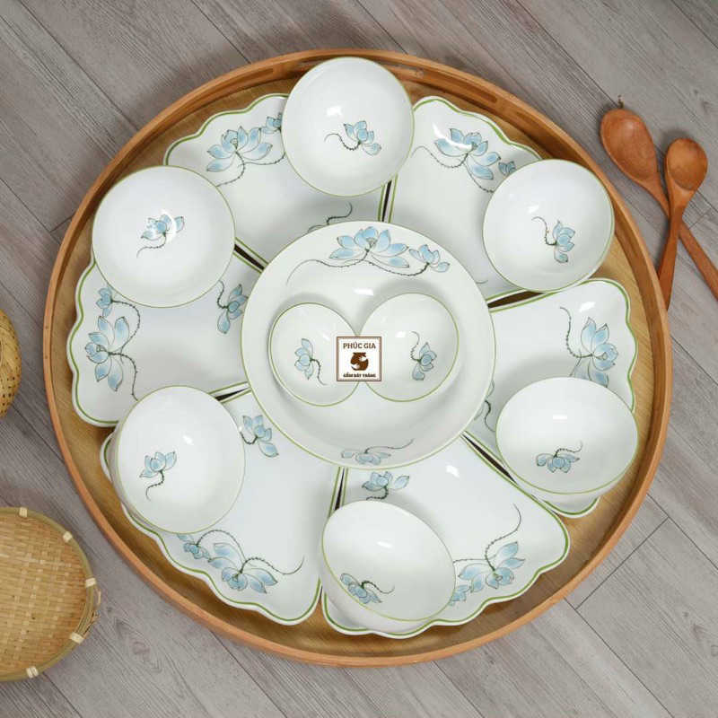 Mâm gỗ đựng bát đĩa, bộ đồ ăn hoa mặt trời, Có 2 loại kích thước cho bộ bát đĩa có đk 45cm và 55cm