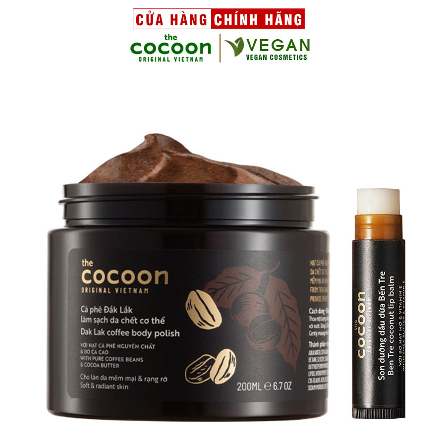 Combo Cà phê Đắk lắk làm sạch da chết cocoon 200ml + Son dưỡng dầu dừa Bến Tre cocoon 5g