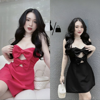 Đầm Thiết Kế 2Dây Cúp ngực Phối Nơ Hở ngực sang chảnh