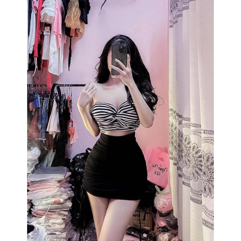 Set Áo Cúp Ngực Xoắn Croptop Chân Váy Lụa Rút Dây - Thời Trang Nữ Giá Rẻ
