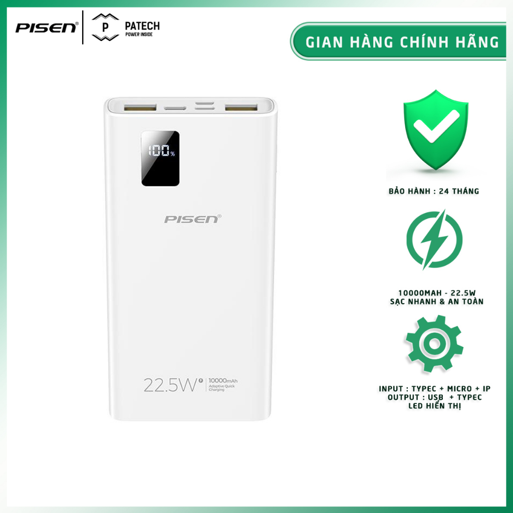 Sạc dự phòng PISEN Digital 123-B 10000mAh, model : CY-DY01, sạc nhanh, công suất 22.5W - Hàng chính hãng