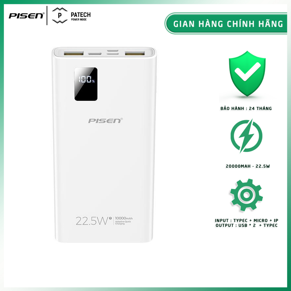 Sạc dự phòng PISEN QUICK Digital 124-B 20000mAh 22.5W, model: CY-DY03, sạc nhanh, bảo hành 24 tháng - Hàng chính hãng