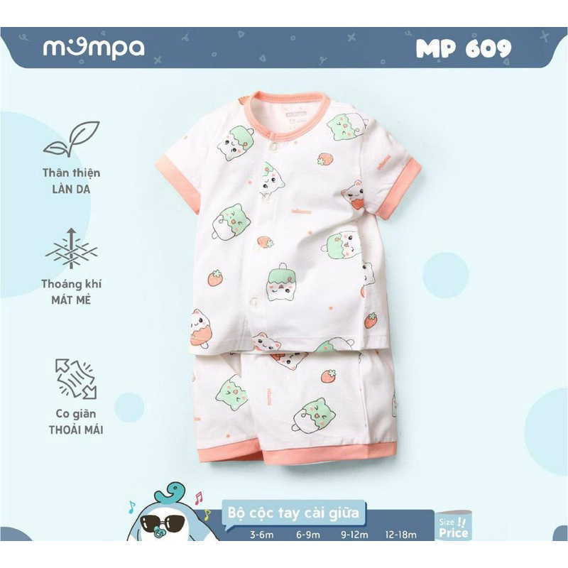 Bộ Cộc Tay Sơ Sinh Cúc Giữa Hãng Mompa Cho Bé 3m-18m