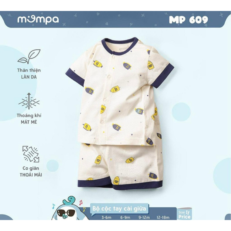 Bộ Cộc Tay Sơ Sinh Cúc Giữa Hãng Mompa Cho Bé 3m-18m