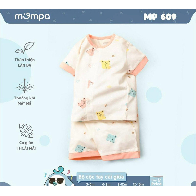 Bộ Cộc Tay Sơ Sinh Cúc Giữa Hãng Mompa Cho Bé 3m-18m