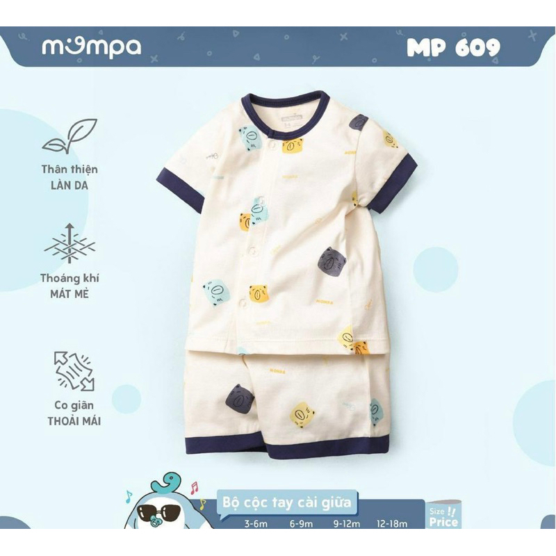 Bộ Cộc Tay Sơ Sinh Cúc Giữa Hãng Mompa Cho Bé 3m-18m