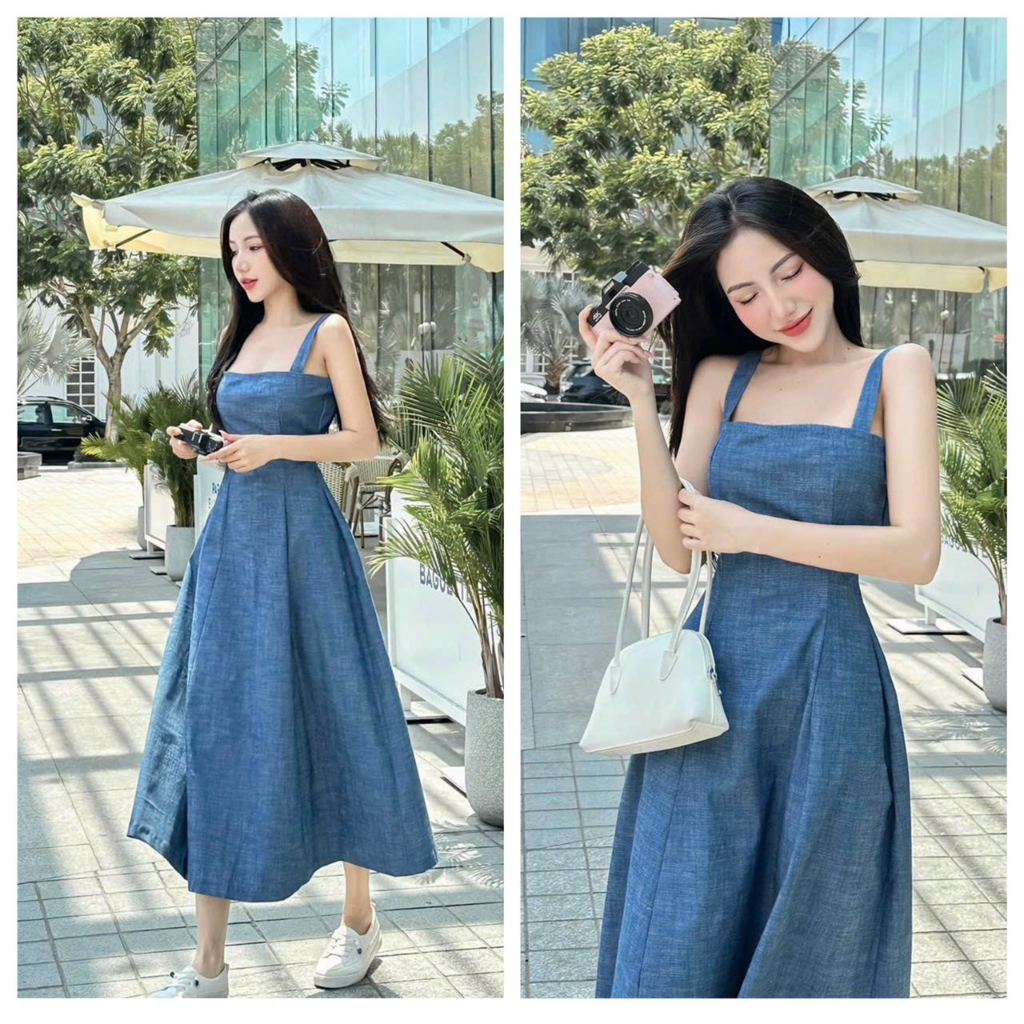 Đầm nữ jean maxi 2 dây,mẫu y hình thời trang nữ tôn dáng xinh xăn duyên dáng