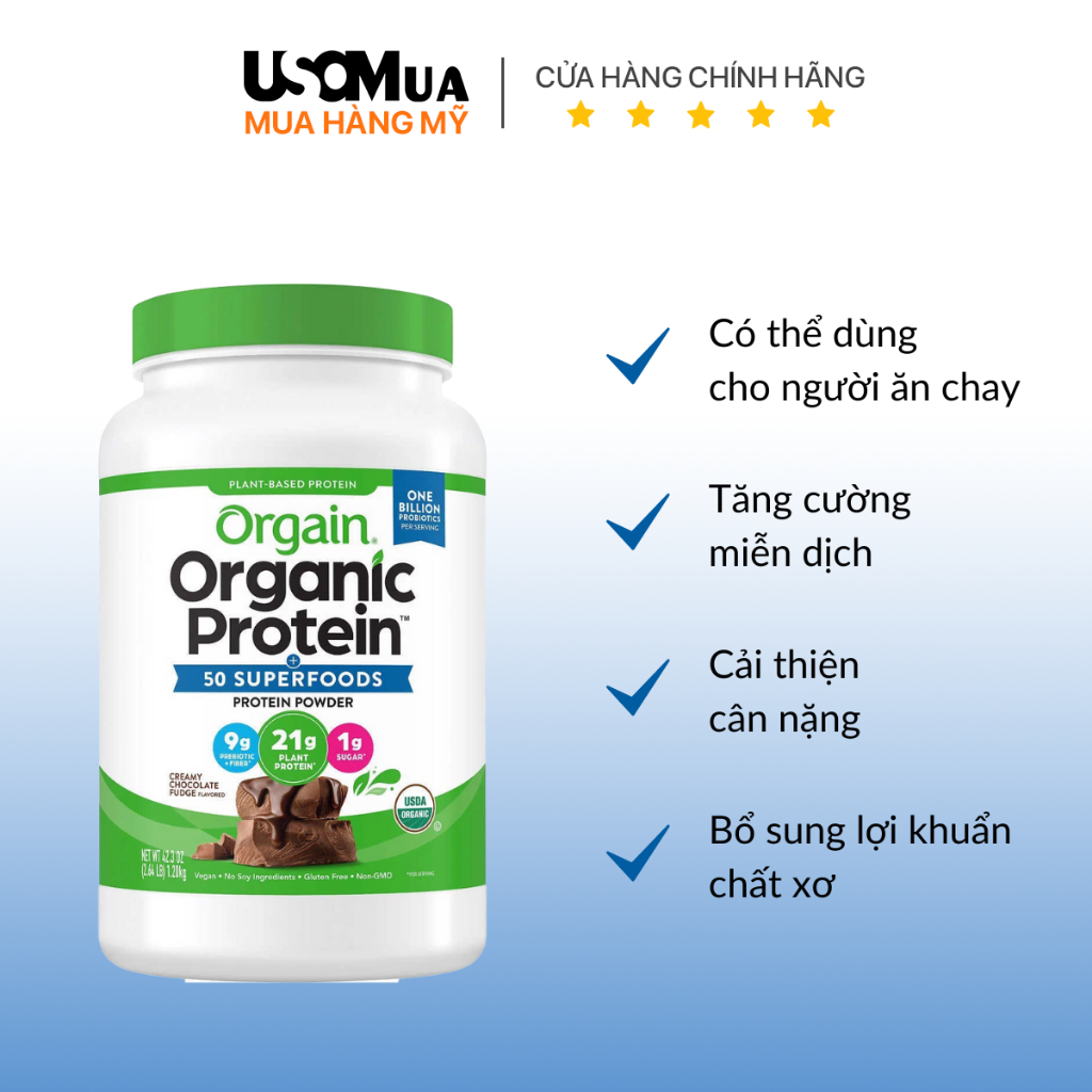 [1.2kg] Bột Đạm Thực Vật Hữu Cơ ORGAIN Organic Protein 50 Superfoods - Chocolate