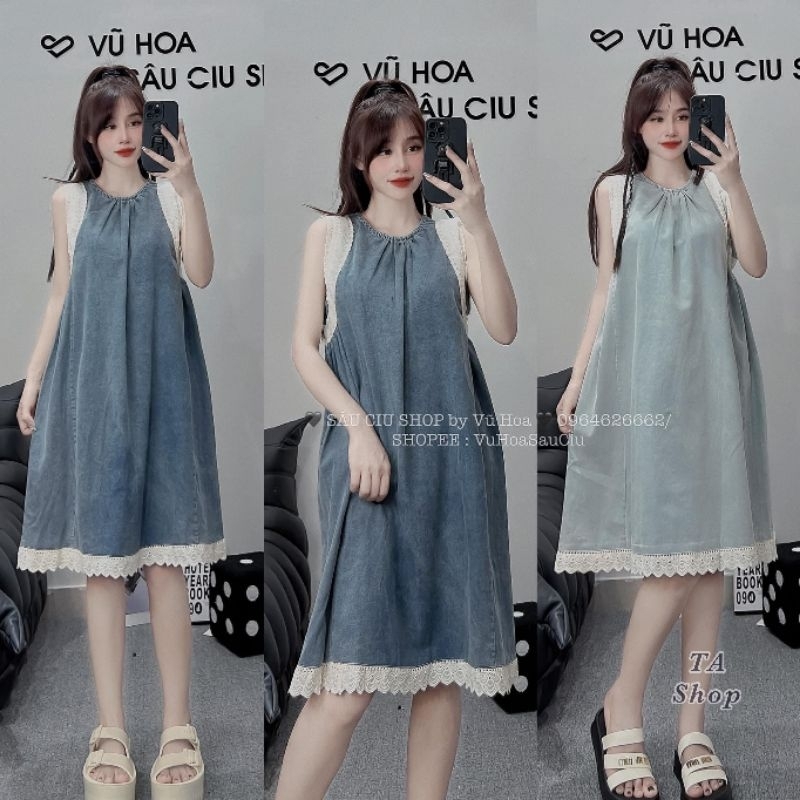 Váy jeans suông viền ren hàng QCL1