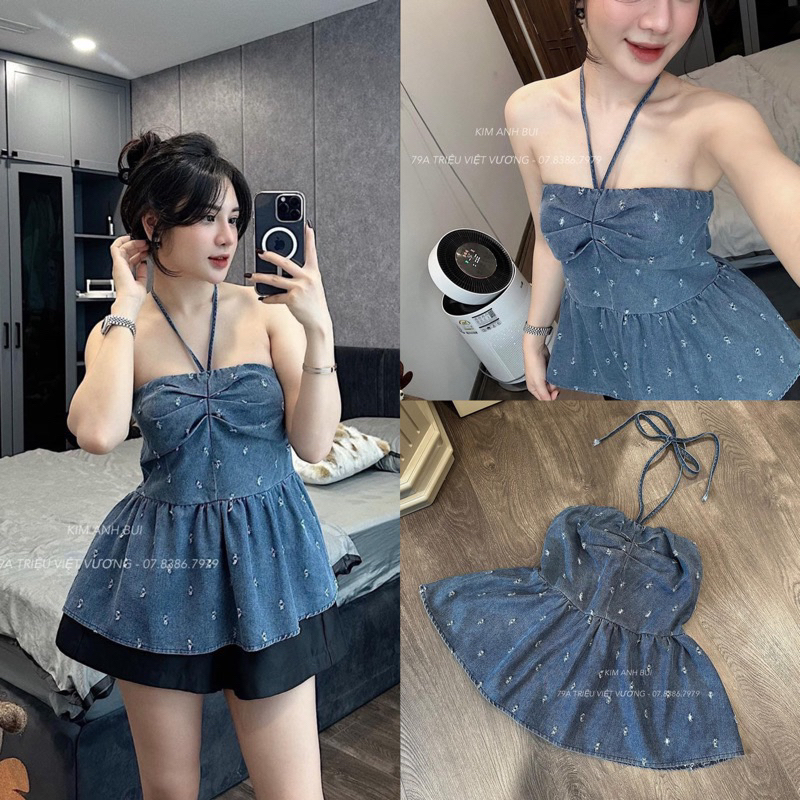 ÁO DENIM VẨY RÁCH DÚM NGỰC CỔ YẾM DÁNG PEPLUM&quot;MILI TOP&quot; siêu xinh