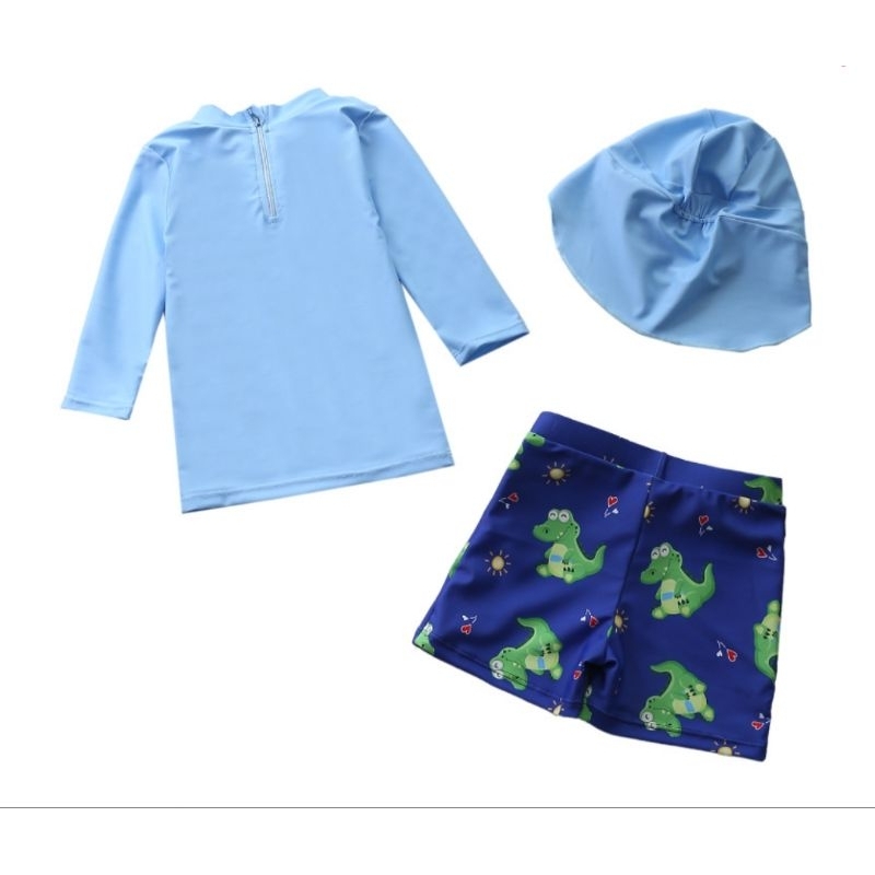 Sét đồ bơi 3 món gồm áo tay lỡ và quần đùi kèm mũ trùm che gáy cho bé trai mẫu khủng long che ô dễ thương hiệu Yibaidu