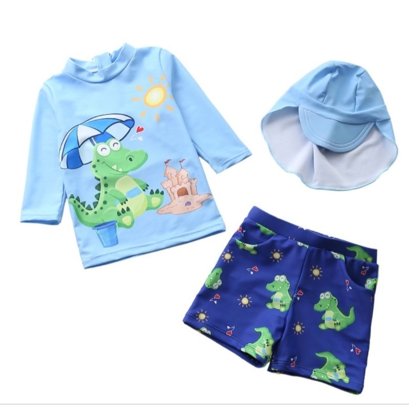Sét đồ bơi 3 món gồm áo tay lỡ và quần đùi kèm mũ trùm che gáy cho bé trai mẫu khủng long che ô dễ thương hiệu Yibaidu