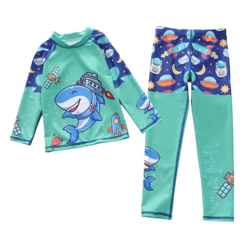 Sét đồ bơi áo tay dài, quần dài bé trai P2418 mẫu cá mập đá bóng, cá mập không gian, ngộ nghĩnh cho bé trai hiệu Yibaidu