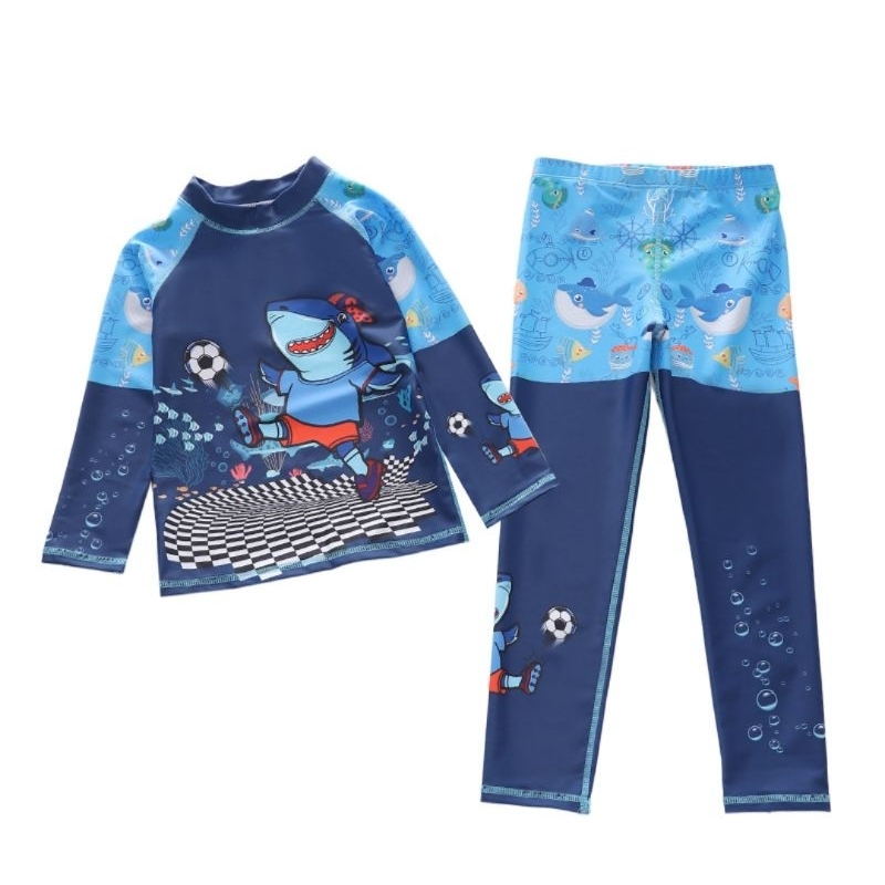 Sét đồ bơi áo tay dài, quần dài bé trai P2418 mẫu cá mập đá bóng, cá mập không gian, ngộ nghĩnh cho bé trai hiệu Yibaidu