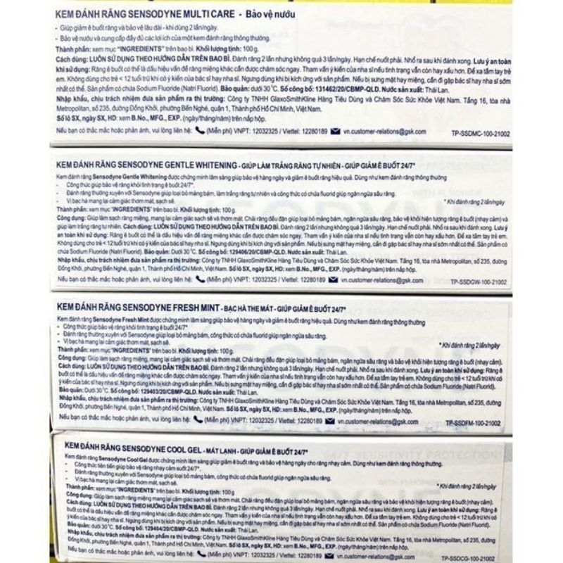 KEM ĐÁNH RĂNG SENSODYNE màu xanh lá/xanh dương/màu trắng thơm mát dài lâu