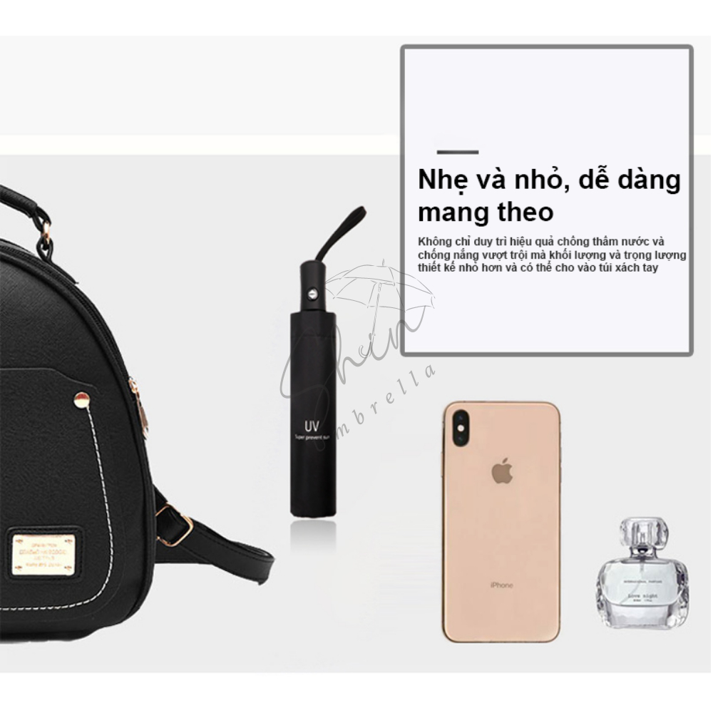Ô Dù Che Năng Mưa Tự Đông Màu Đen 3 Lớp 8 Nan Chống UV Kèm Túi Đựng Ô