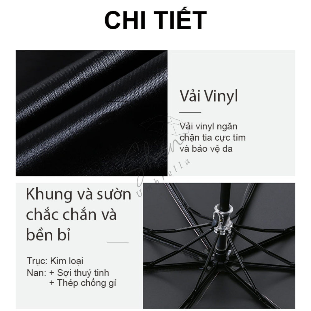 Ô Dù Che Năng Mưa Tự Đông Màu Đen 3 Lớp 8 Nan Chống UV Kèm Túi Đựng Ô