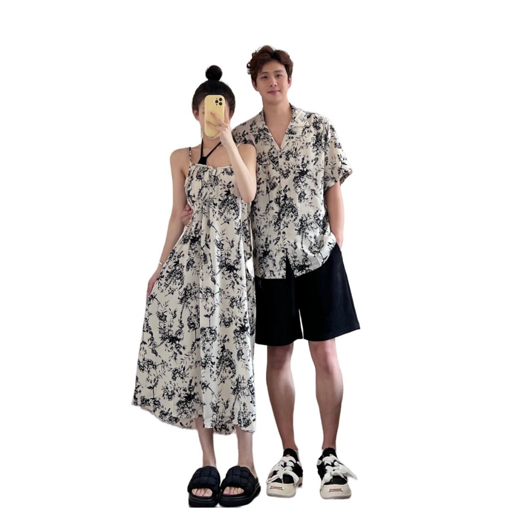 Couple Set Đôi Nam Nữ Áo Sơmi Nam Và Áo Nữ Thiết Kế Hở Vai Họa Tiết In Hoa Dành Cho Cặp Đôi