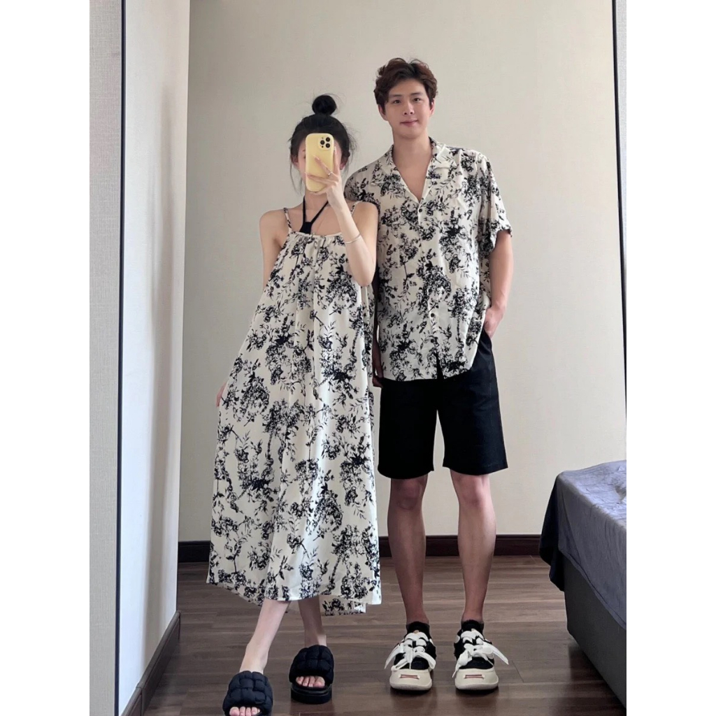 Couple Set Đôi Nam Nữ Áo Sơmi Nam Và Áo Nữ Thiết Kế Hở Vai Họa Tiết In Hoa Dành Cho Cặp Đôi