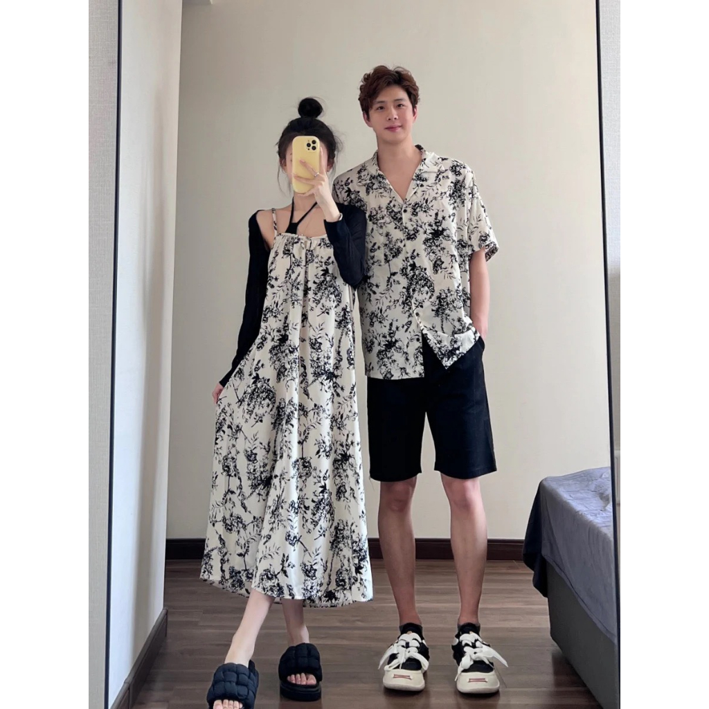 Couple Set Đôi Nam Nữ Áo Sơmi Nam Và Áo Nữ Thiết Kế Hở Vai Họa Tiết In Hoa Dành Cho Cặp Đôi